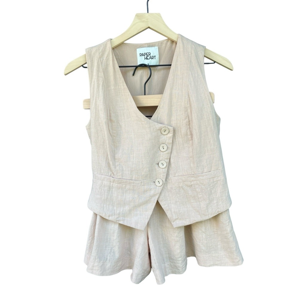Paper Heart 2 Piece Vest Shorts Matching Set Tan Womens Size S Asymmetrical Top